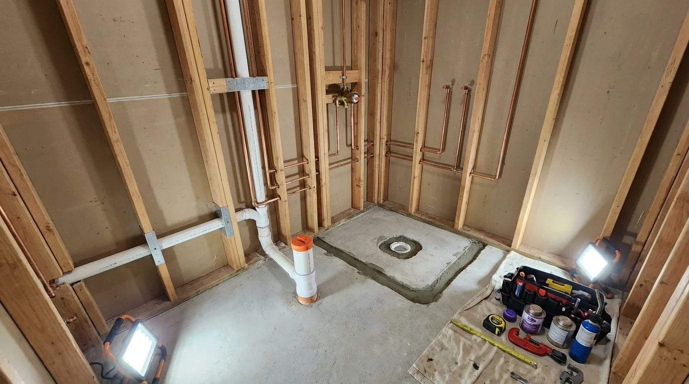 Bathroom rough-in plumbing during remodel by Johns Plumbing LLC in Milledgeville