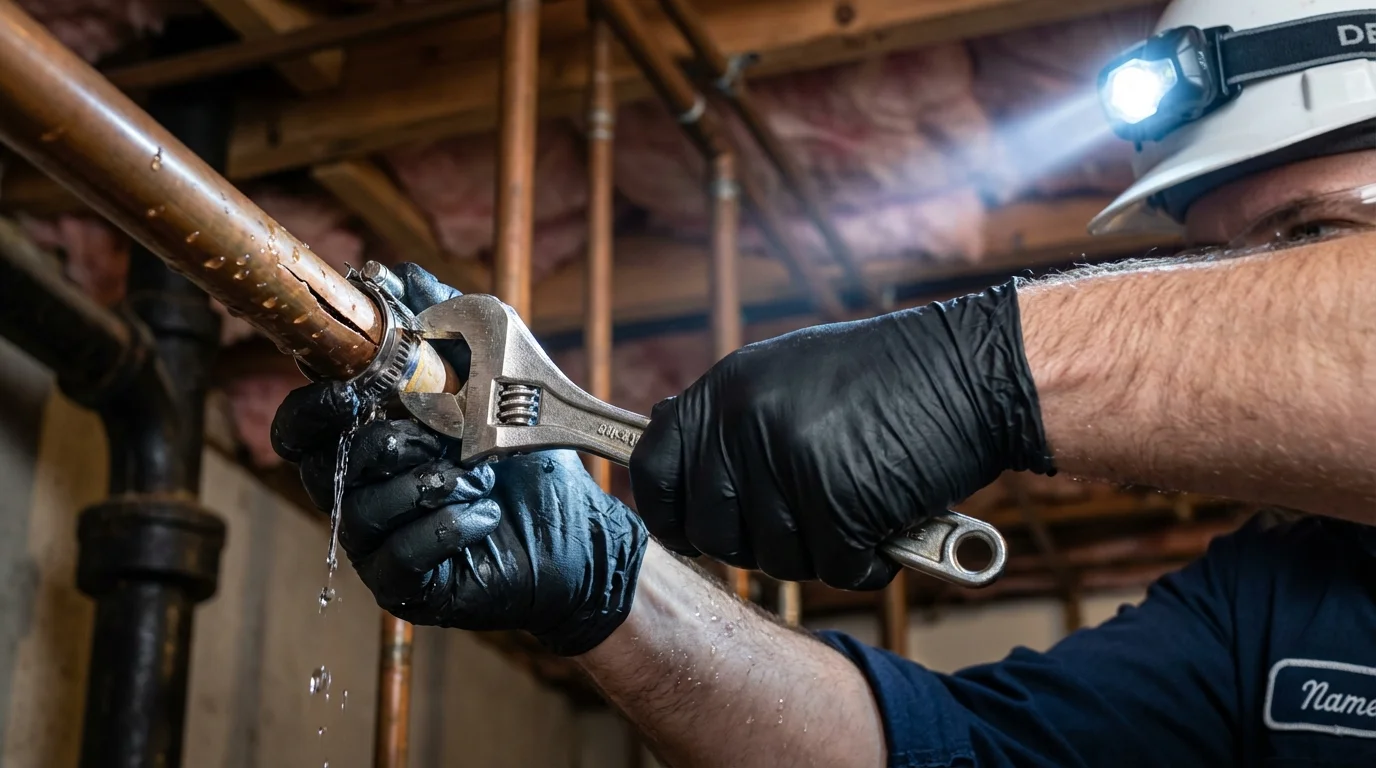 Emergency pipe clamp repair being performed by a Johns Plumbing LLC plumber in Milledgeville