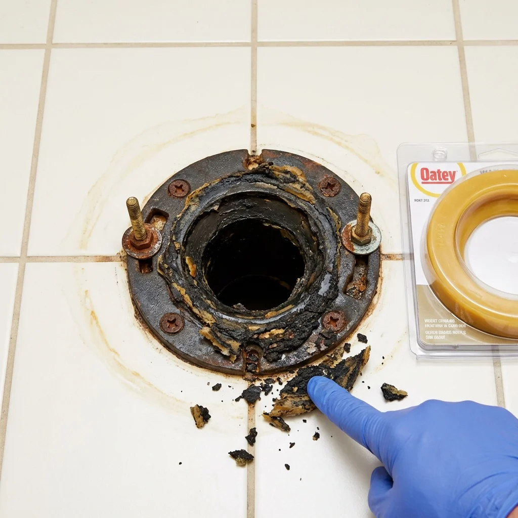 Failed wax ring showing water seepage at the base of a toilet in a Milledgeville, GA home