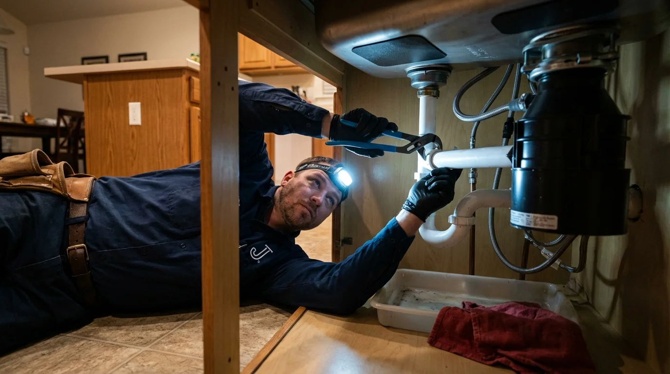 P-trap and supply line connections under a kitchen sink showing a common leak point in Milledgeville, GA